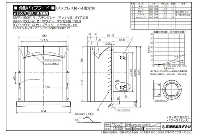 高須産業　角形パイプフード（ステングレー）　【品番：GFP-150E】
