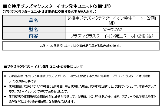 シャープ　エアコン用 交換用プラズマクラスターイオン発生ユニット（2個1組）　【品番：AZ-ZC7W2】◯