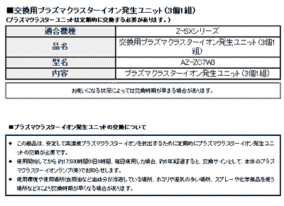 シャープ　エアコン用 交換用プラズマクラスターイオン発生ユニット（3個1組）　【品番：AZ-ZC7W3】◯