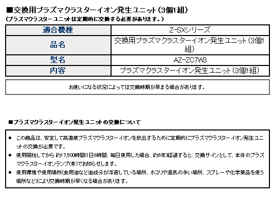 シャープ　エアコン用 交換用プラズマクラスターイオン発生ユニット（3個1組）　【品番：AZ-ZC7W3】◯