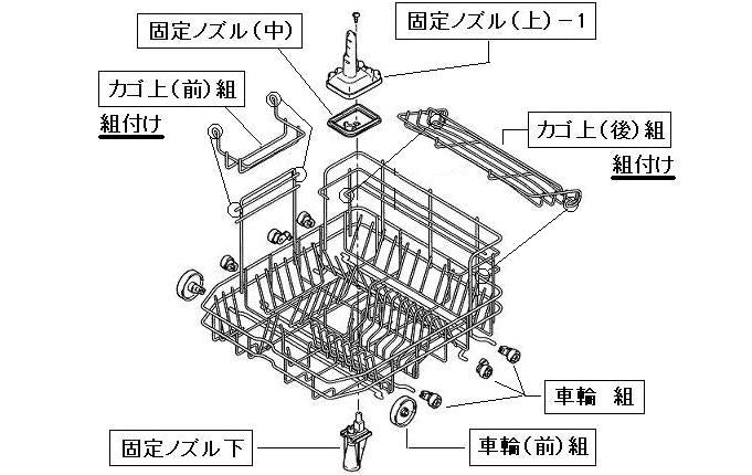 リンナイ　食器カゴ本体（カゴ本体・固定ノズル（上・中・下）・コップカゴ2つ・車輪付き）　【品番：098-418-000】●