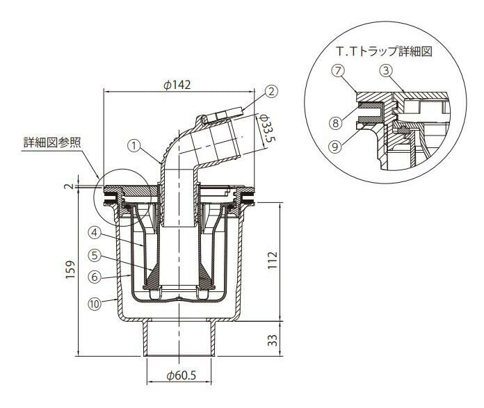 テクノテック　防水パン用排水トラップ T.Tトラップ　ニューホワイト　【品番：SDT-SW-W2】●