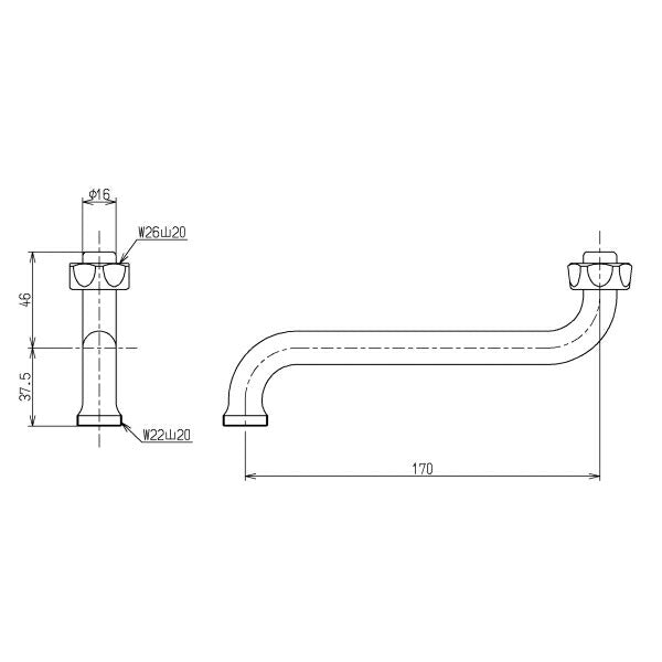 TOTO　自在スパウト（170mm、W26山20、先端ねじ付）　【品番：THY208A】