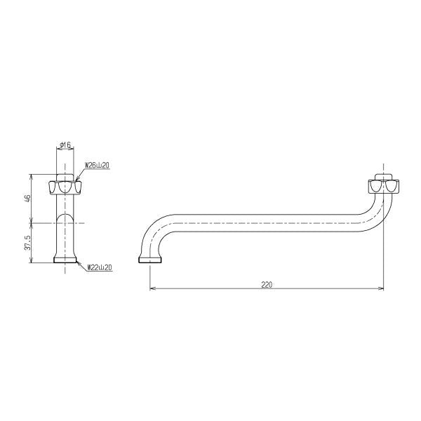 TOTO　自在スパウト（220mm、W26山20、先端ねじ付）　【品番：THY208AL】