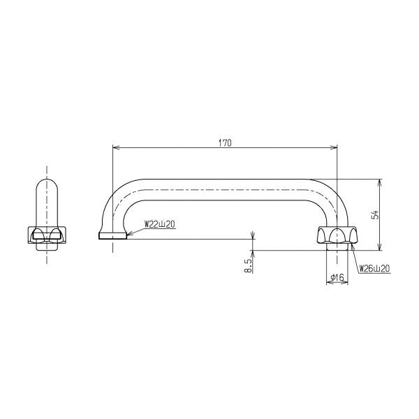 TOTO　自在スパウト（170mm、W26山20、先端ねじ付）　【品番：THY212A】