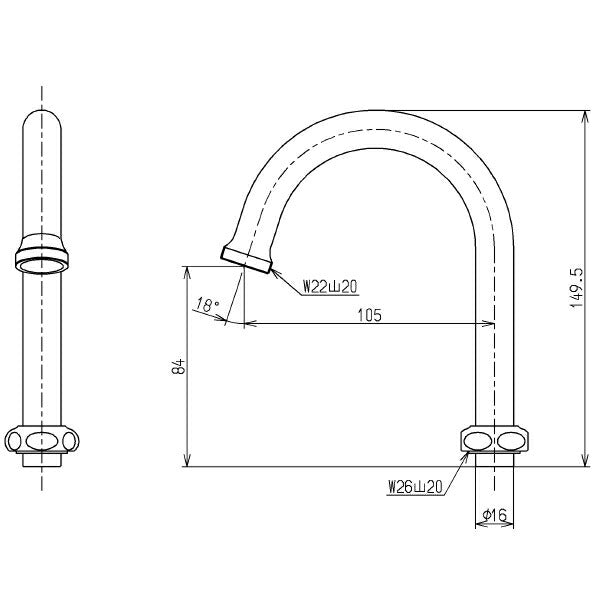 TOTO　自在スパウト（105mm、W26山20、先端ねじ付）　【品番：THY214】