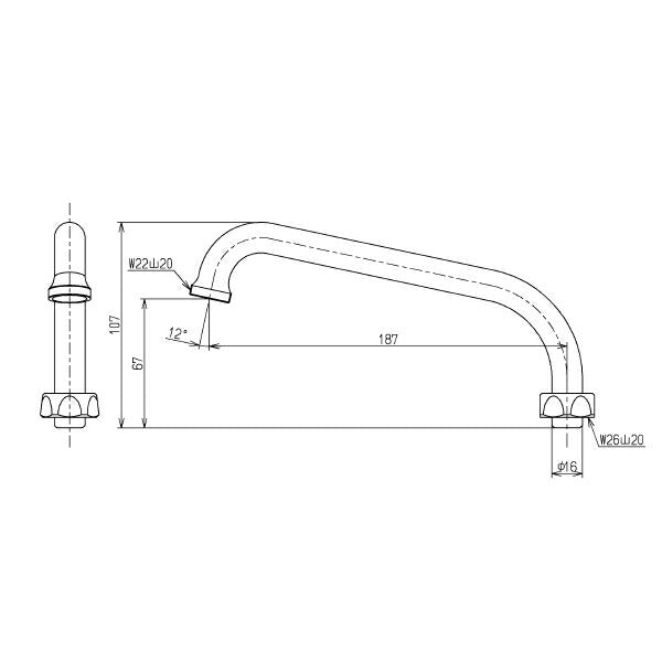 TOTO　自在スパウト（190mm、W26山20、先端ねじ付）　【品番：THY235A】