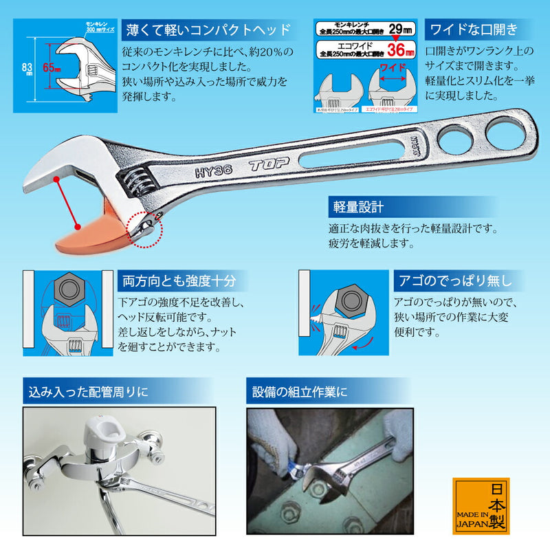 トップ工業　エコワイド（薄型軽量ワイドモンキレンチ）　【品番：HY-30】