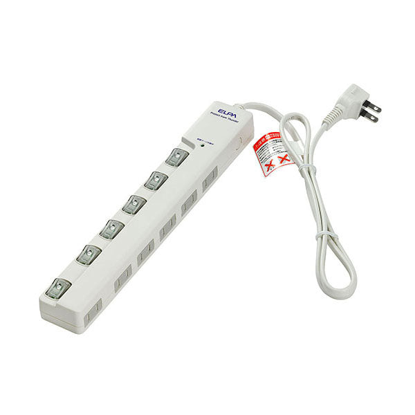 朝日電器（ELPA）　耐雷サージ LEDランプ スイッチ付タップ（横差し） 6個口　ホワイト　【品番：WLS-LY610MB（W）】