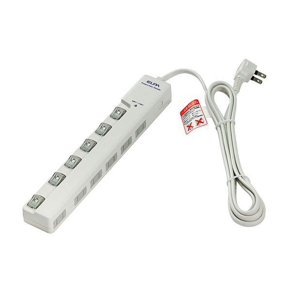 朝日電器（ELPA）　耐雷サージ LEDランプ スイッチ付タップ（横差し） 6個口　ホワイト　【品番：WLS-LY620MB（W）】