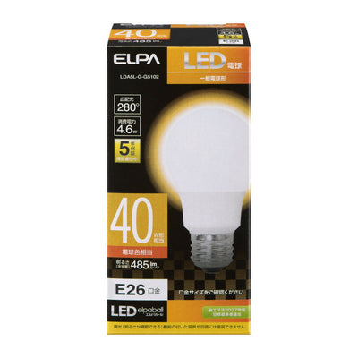 朝日電器（ELPA）　LED電球 電球形 A形 広配光 口金E26 40W形 電球色　【品番：LDA5L-G-G5102】