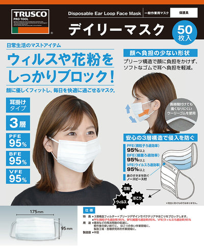トラスコ中山（TRUSCO）　デイリーマスク（耳掛けタイプ）3層（50枚入）　【品番：DPM-DM95】●