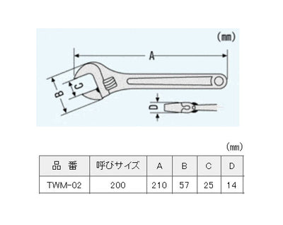 【メール便対応】エンジニア　モンキーレンチ 200mm　【品番：TWM-02】