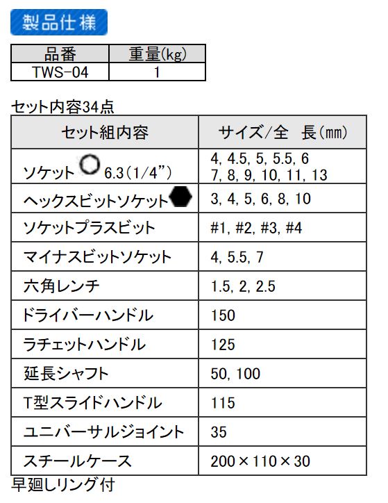 エンジニア　ソケットレンチセット　【品番：TWS-04】